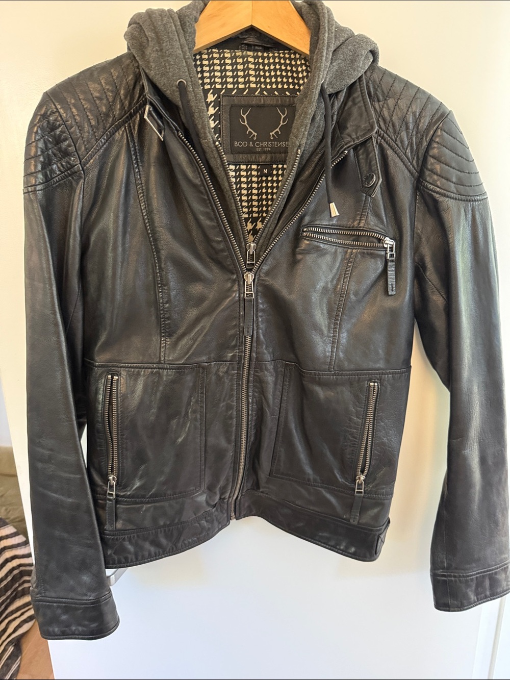 Bod & Christensen Black Leather Hooded Moto Jacket